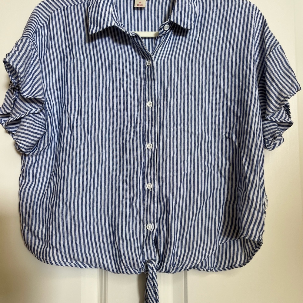Mossimo Supply Co. Blue and White Striped Button Down tie front Shirt